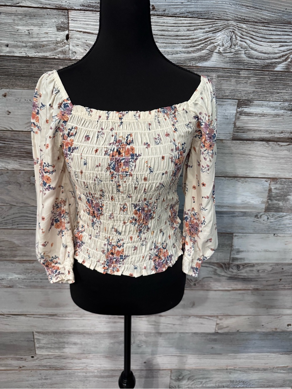 NWT Jolt Cream Smocked Floral Square-Neck Blouse